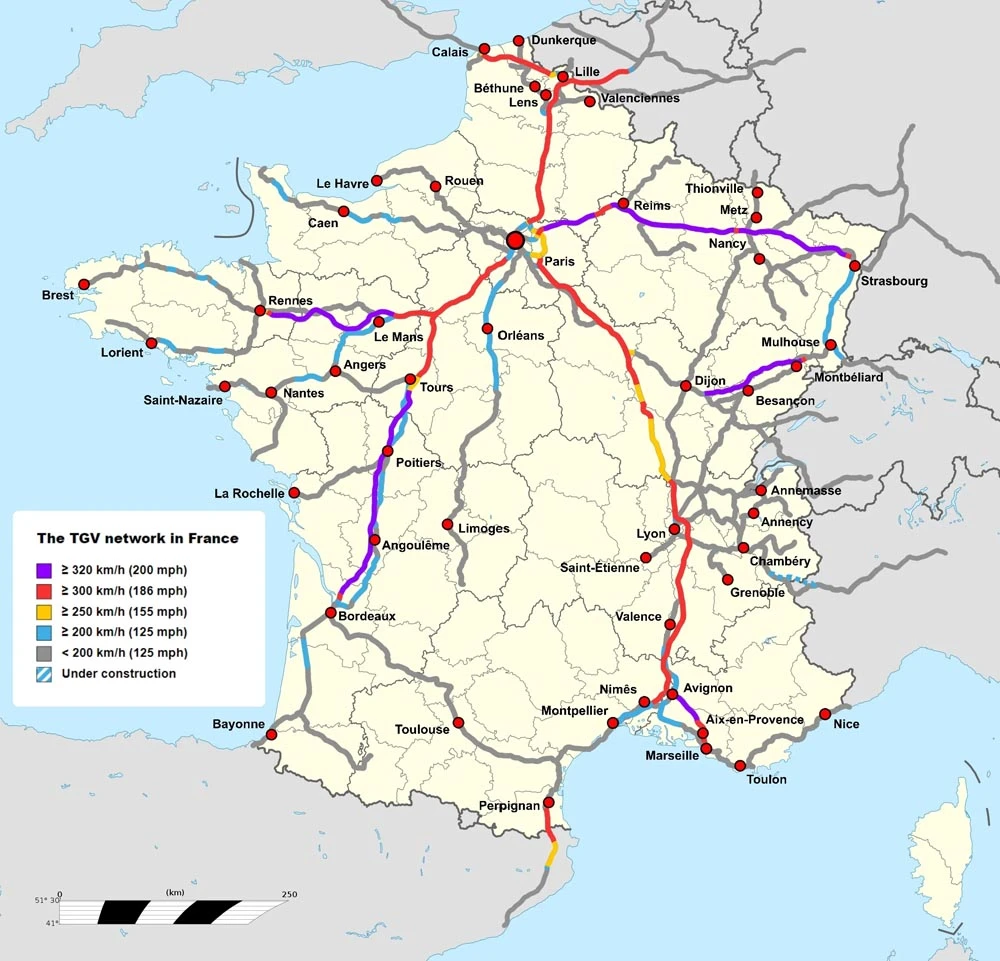 法国铁路 TGV 高铁线路图